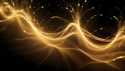 Ondas doradas brillantes de luz y partículas brillantes sobre un fondo oscuro