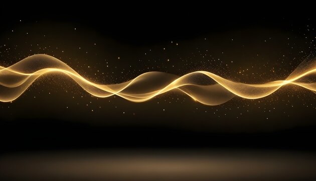 Ondas doradas brillantes de luz y part&iacute;culas brillantes sobre un fondo oscuro
