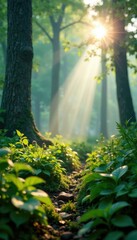 Soothing mist rises from forest floor, illuminating dew-kissed plants, forest, freshness