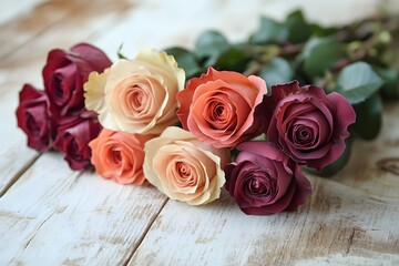 Naklejka premium Elegant Bouquet of Multi-Colored Roses on Rustic Wooden Surface - Perfect for Floral Decor and Design
