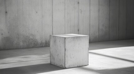 Minimalist concrete cube on wooden floor.