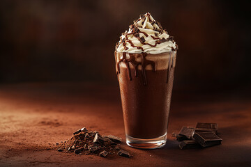 Luxurious Chocolate Smoothie Topped with Whipped Cream and Chocolate Drizzle on a Rich Brown Background