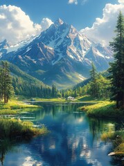 Majestic mountain lake reflects sunny sky, idyllic valley