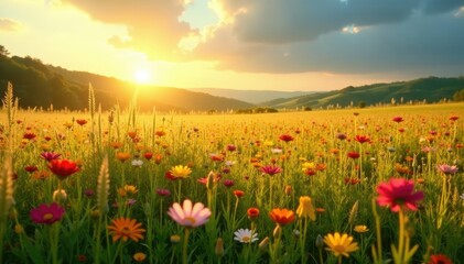 Sun-kissed field of tall grasses and colorful flowers, warm light, solata campo, photogenic fields