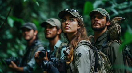 Fototapeta premium A team of four wildlife photographers, two men and two women, wearing adventure-ready outdoor gear, standing in a dense rainforest with blurred exotic birds and lush foliage in the background