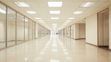 Fototapeta premium Modern empty office corridor with glass walls and bright lighting.