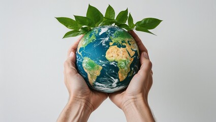 Hands Holding a Green Globe Earth Isolated on White Background for Environmental and Sustainability