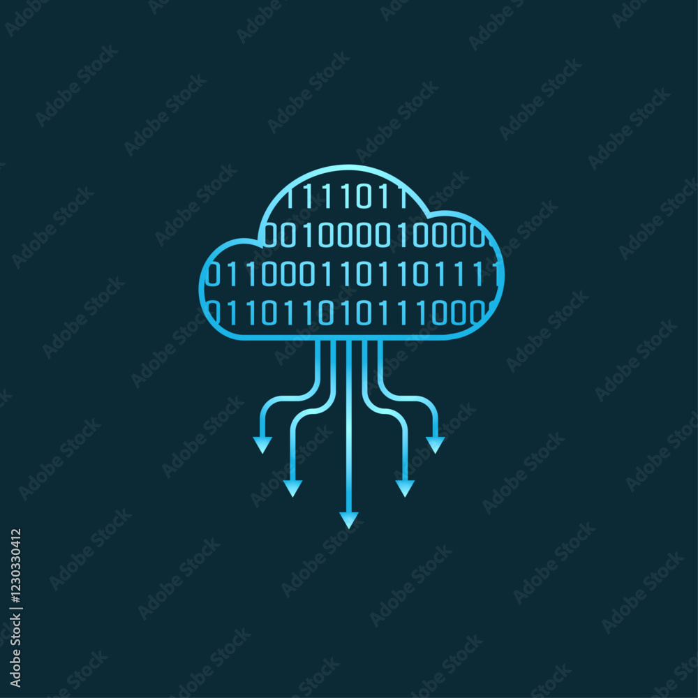 Poster cloud computing concept with blue cloud in line art, binary code, arrows. arrow as connection to the