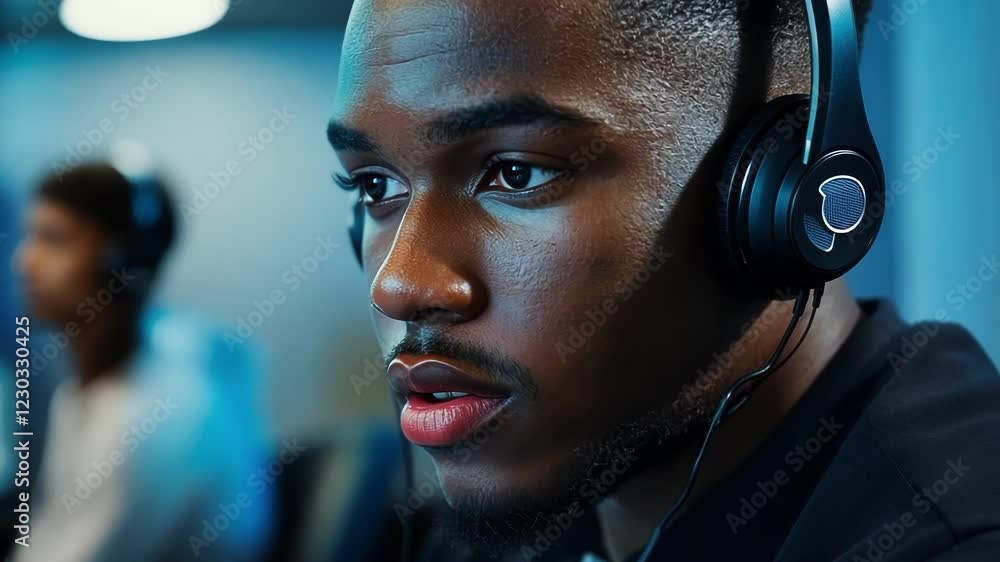 Poster a closeup of a customer service representative in a call center efficiently addressing client needs 