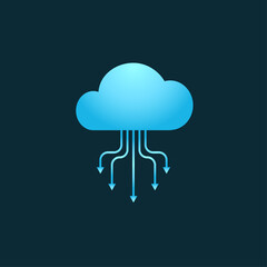 Cloud computing icon or logo concept with blue cloud having arrows. Arrow as connection to the system, access to the server, data transfer via network, upload and download from storage symbol.