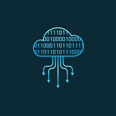 Cloud computing concept with blue cloud in line art, binary code, arrows. Arrow as connection to the system, access to the server, data transfer via network, upload and download from storage symbol.
