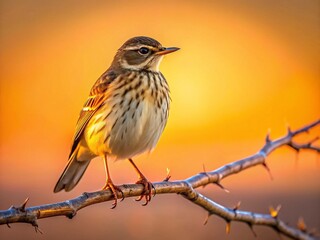 Fototapeta premium Minimalist Water Pipit Singing Atop a Tree Branch at Dawn