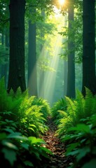 Fototapeta premium Tall ferns in the forest with sunlight filtering through, foliage, ferns