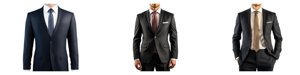 Businessman suit with a tie isolated on transparent background, PNG, set of