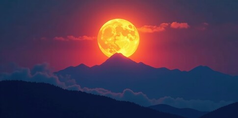 A glowing full moon rises above a mountain range at dawn, lunar cycle, clouds