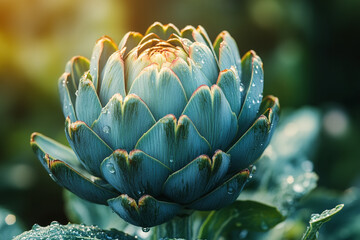 Fototapeta premium Dew Covered Artichoke Bud In Morning Sunlight