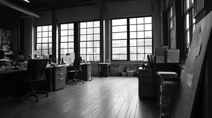 Monochrome image of a spacious, empty office with large windows and wooden floors.