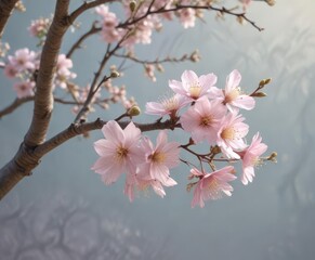pastel hued flowers unfolding from a bare tree branch, pastel flowers, soft focus, blossoming flowers