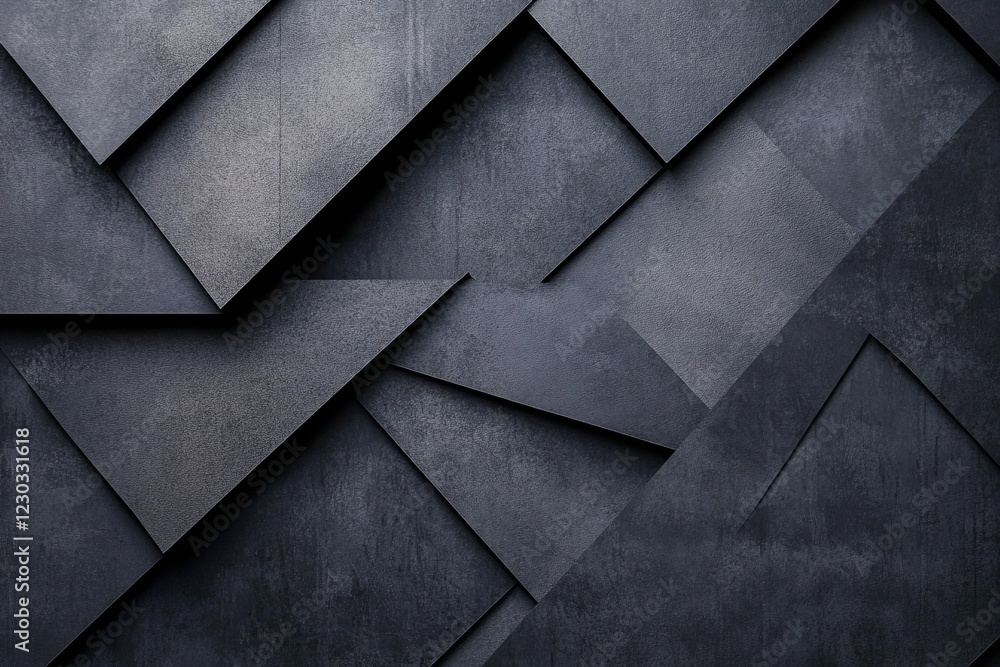 Poster abstract dark gray geometric pattern with textured, overlapping triangles and squares.