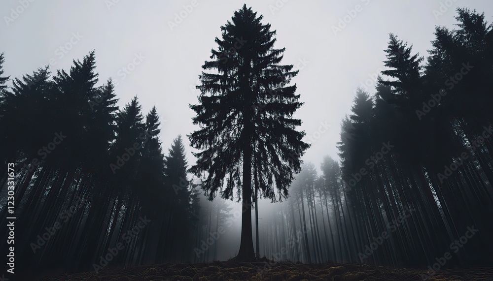 Poster a solitary tree stands tall amidst a misty forest, creating a mysterious and atmospheric scene fille