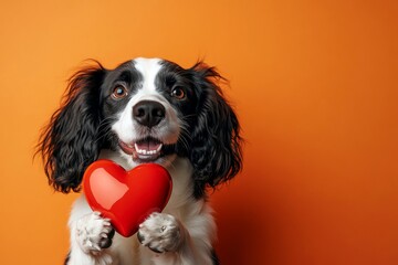 English springer spaniel - my treasured dog. Cute english springer spaniel canine with diamond red heart - sign of love, funny greeting card. Digital ads conceptual art. Cute puppy love.