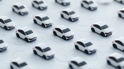 A row of white cars are lined up in a grid. The cars are all the same color and are all facing the same direction