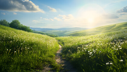 Sunny path meanders through a verdant flowery hillside