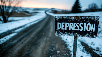 Lifeless winter landscape, dirty rural road, sign with word Depression
