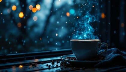 A steaming cup of coffee on a rainy day, surrounded by soft bokeh lights.