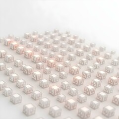 Obraz premium A 3D grid with glowing cubes representing AI data clusters, floating in a gradient space of white and silver.
