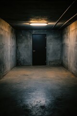 Fototapeta premium Dark and Grungy Room with Solid Black Door and Empty Space