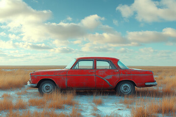 Rusted Red Classic Car in a Winter Field