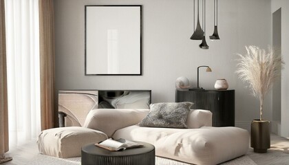 Mockup poster frame on the wall of living room. Luxurious apartment background with contemporary design. Modern interior design. 3D render, 3D illustration See Less