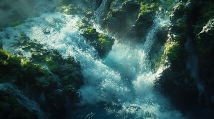 Cascading waterfall, mossy rocks, sunlight, nature