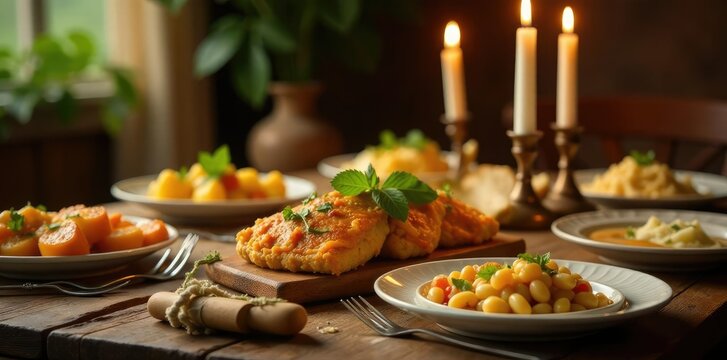 Comida para presentar en una mesa con decoraci?n, platos, vajillas, candelabros