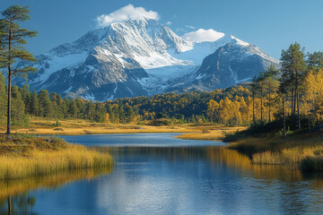 Fototapeta premium Majestic Snowcapped Mountain Reflecting In Autumnal Lake