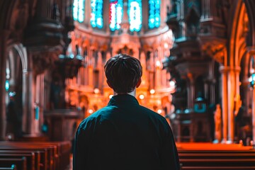 Obraz premium Contemplative Man in Majestic Church Interior Back View Religious Architecture