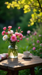 Cozy atmosphere in a spring garden with flowers and branches on a wooden table, flowers, garden, wood