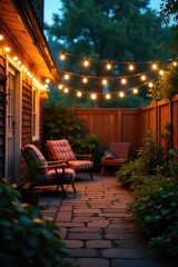 Fototapeta premium Cozy backyard illuminated by soft string lights, inviting, festive