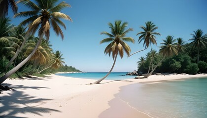 Fototapeta premium Una playa tropical con palmeras, un cielo azul claro y una orilla arenosa