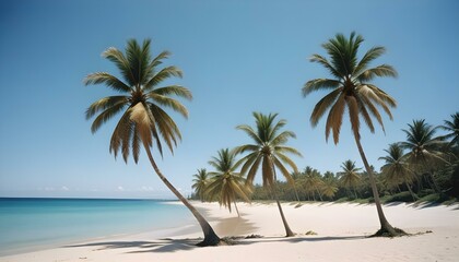 Una playa tropical con palmeras, un cielo azul claro y una orilla arenosa