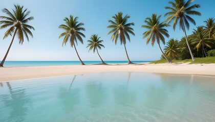 Una playa tropical con palmeras, un cielo azul claro y una orilla arenosa