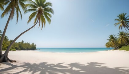 Obraz premium Una playa tropical con palmeras, un cielo azul claro y una orilla arenosa