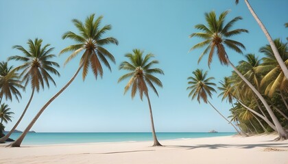 Fototapeta premium Una playa tropical con palmeras, un cielo azul claro y una orilla arenosa