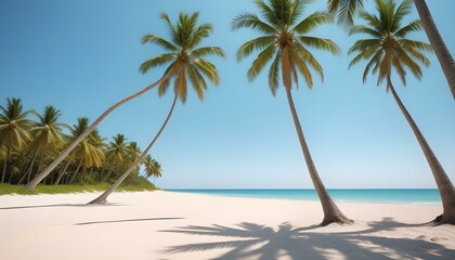 Una playa tropical con palmeras, un cielo azul claro y una orilla arenosa