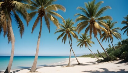 Fototapeta premium Una playa tropical con palmeras, un cielo azul claro y una orilla arenosa