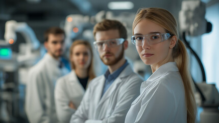Obraz premium A team of five robotics engineers, three men and two women, wearing smart business-casual attire, standing in a cutting-edge laboratory with blurred robotic arms and AI-driven machinery in the backgro
