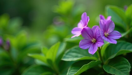 Flores de violeta entre las hojas verdes de una planta ancestral, plants, nature, florals