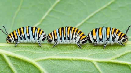 Fototapeta premium Three black, yellow, and white striped caterpillars crawl in a row on a green leaf.