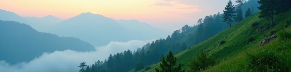 Fototapeta premium Foggy dawn at Himalayan mountain slope with lush greenery, landscape, morning mist, trees